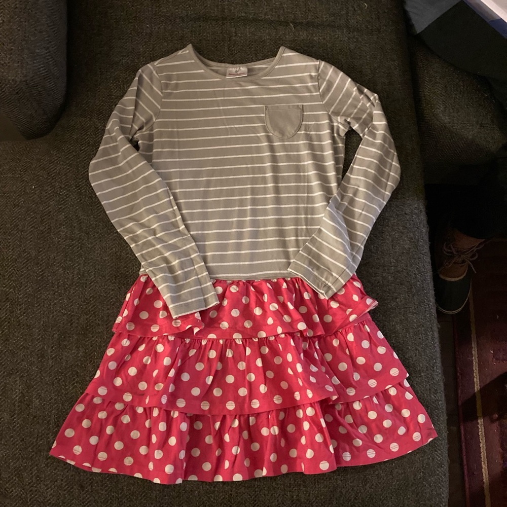 Hanna Andersson Grey striped, hot pink polka dot dress with tiered skirt